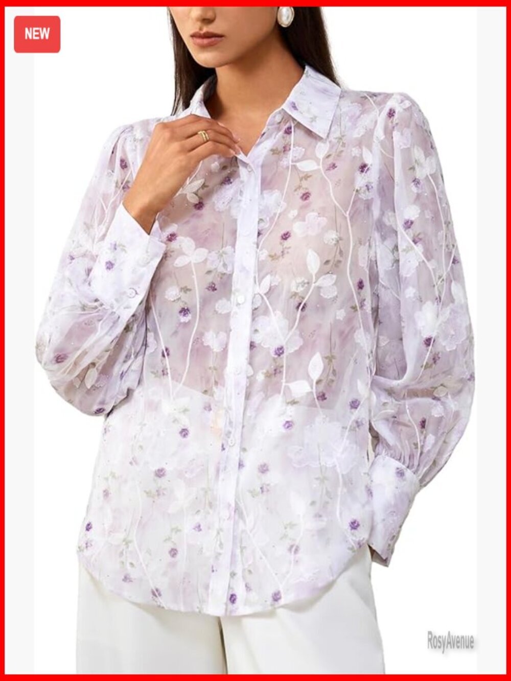 Sheer Floral Long Sleeve Blouse with Sequin Accents